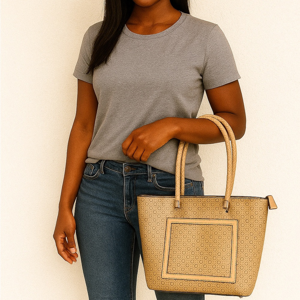 Timeless Charm: GUESS Signature Logo Tote in Neutral Beige with Braided Handles